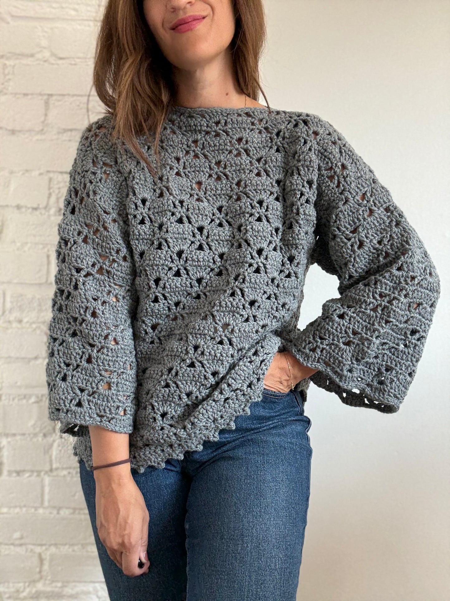 Handmade Crochet Grey Sweater - Size S (oversized)