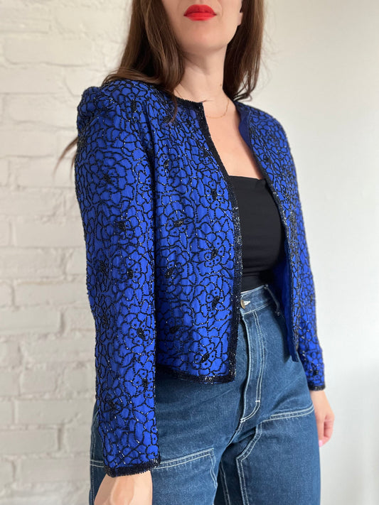 Royal Blue Beaded Cardigan - M