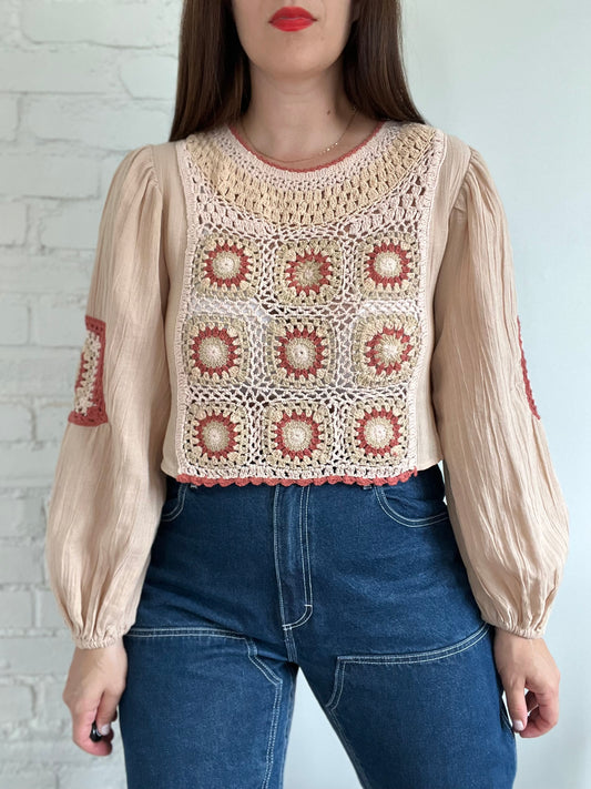 Crochet Linen Boho Top - Size S