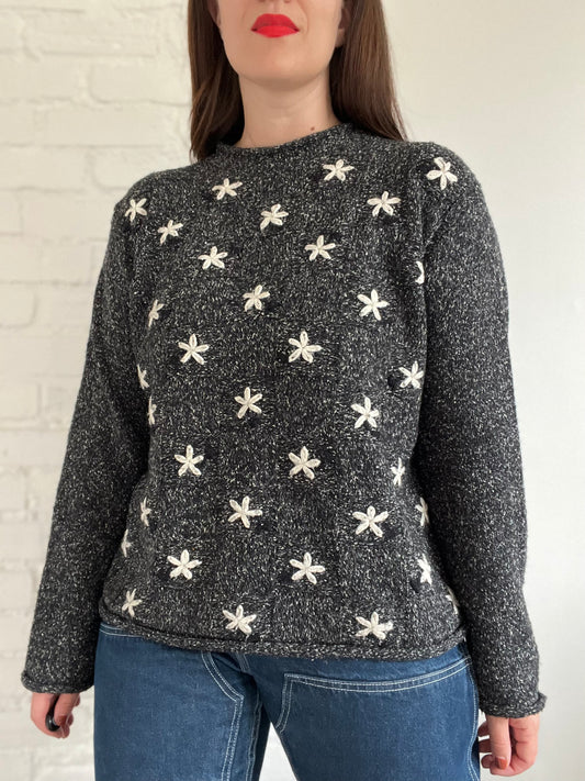 Handknit Floral Speckle Sweater - L