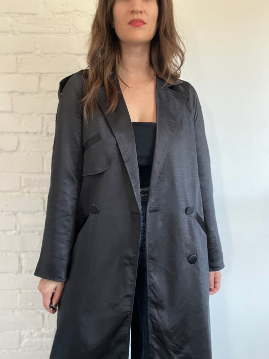 New Black Satin Trench Coat - Size 10 or L