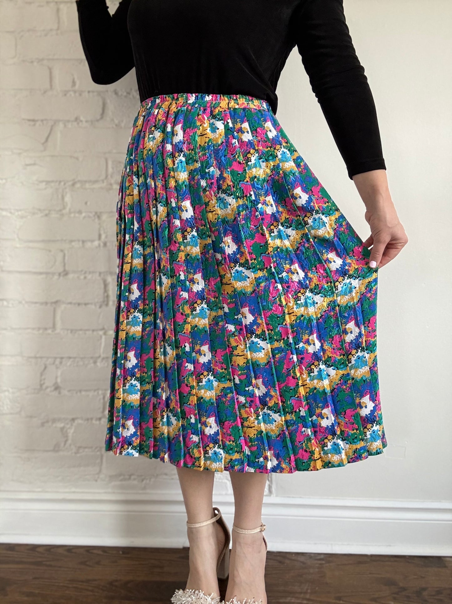 80s High Waist Pleated Floral Skirt - Sz. XL