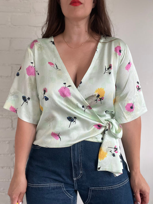 Mint Floral Wrap Top - M