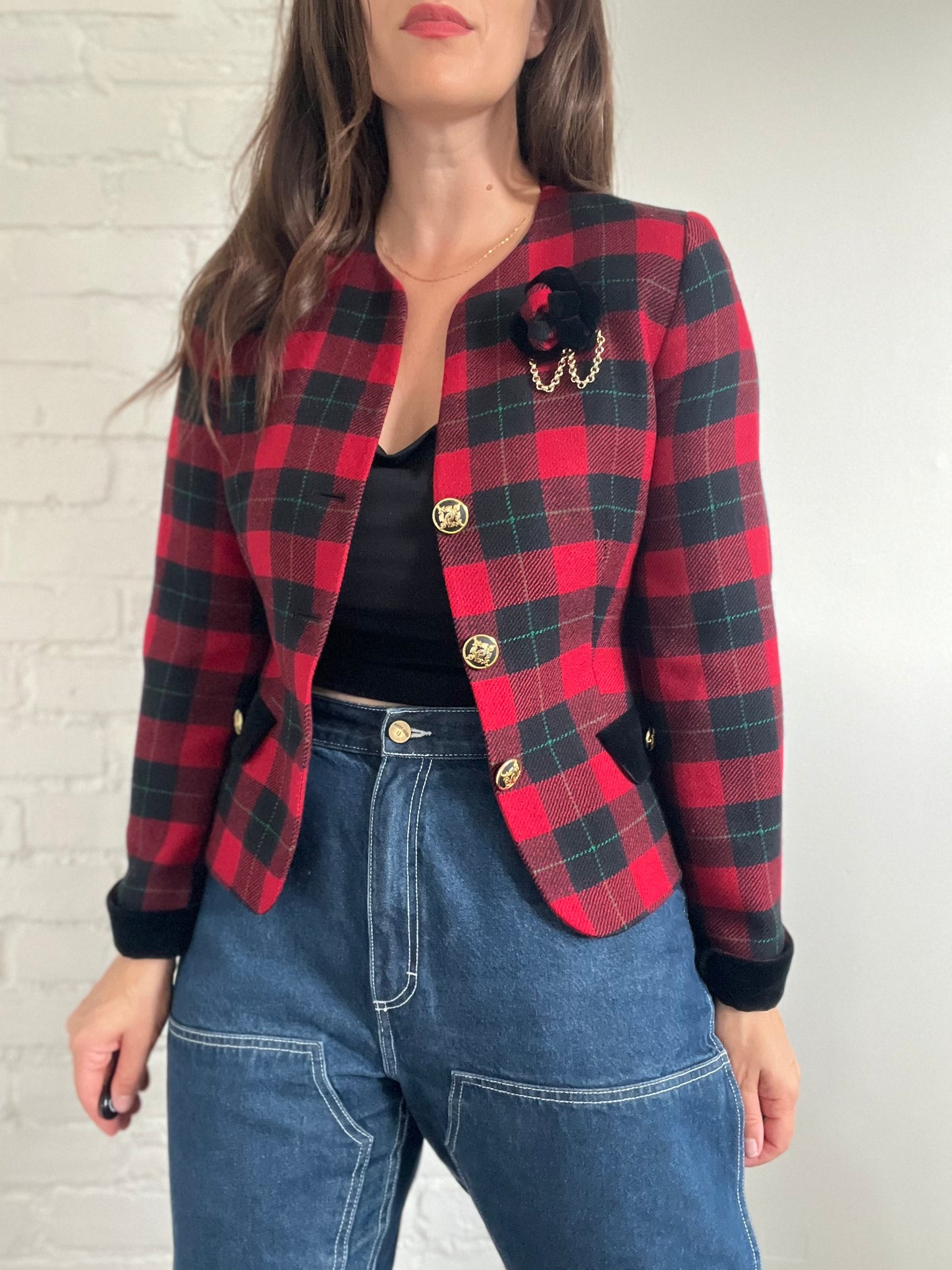 Red & Black Plaid Blazer - M