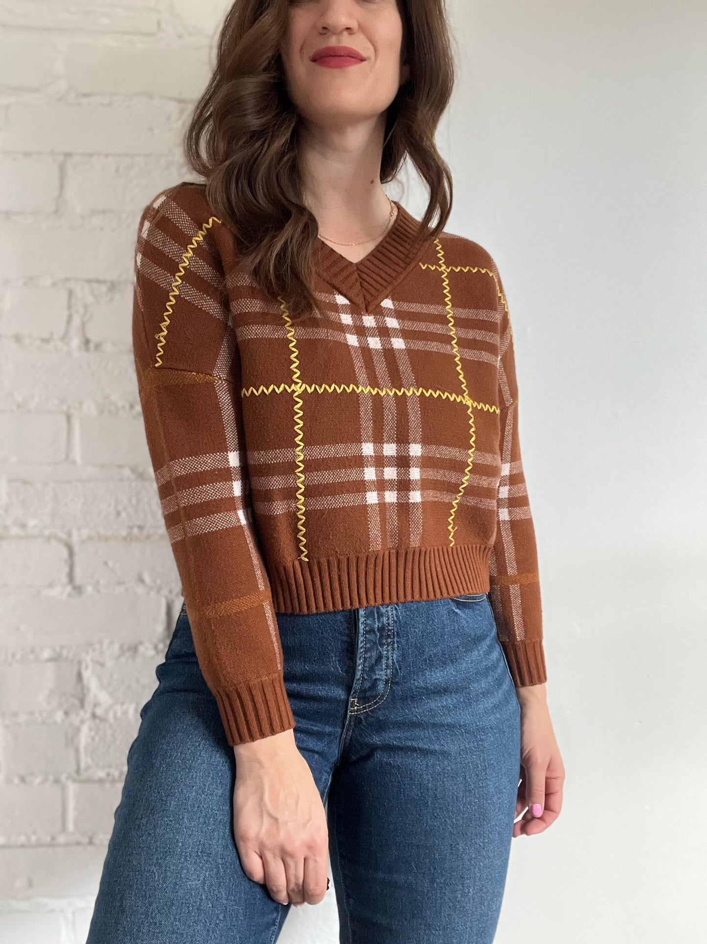Mocha Plaid Crop Sweater - XS