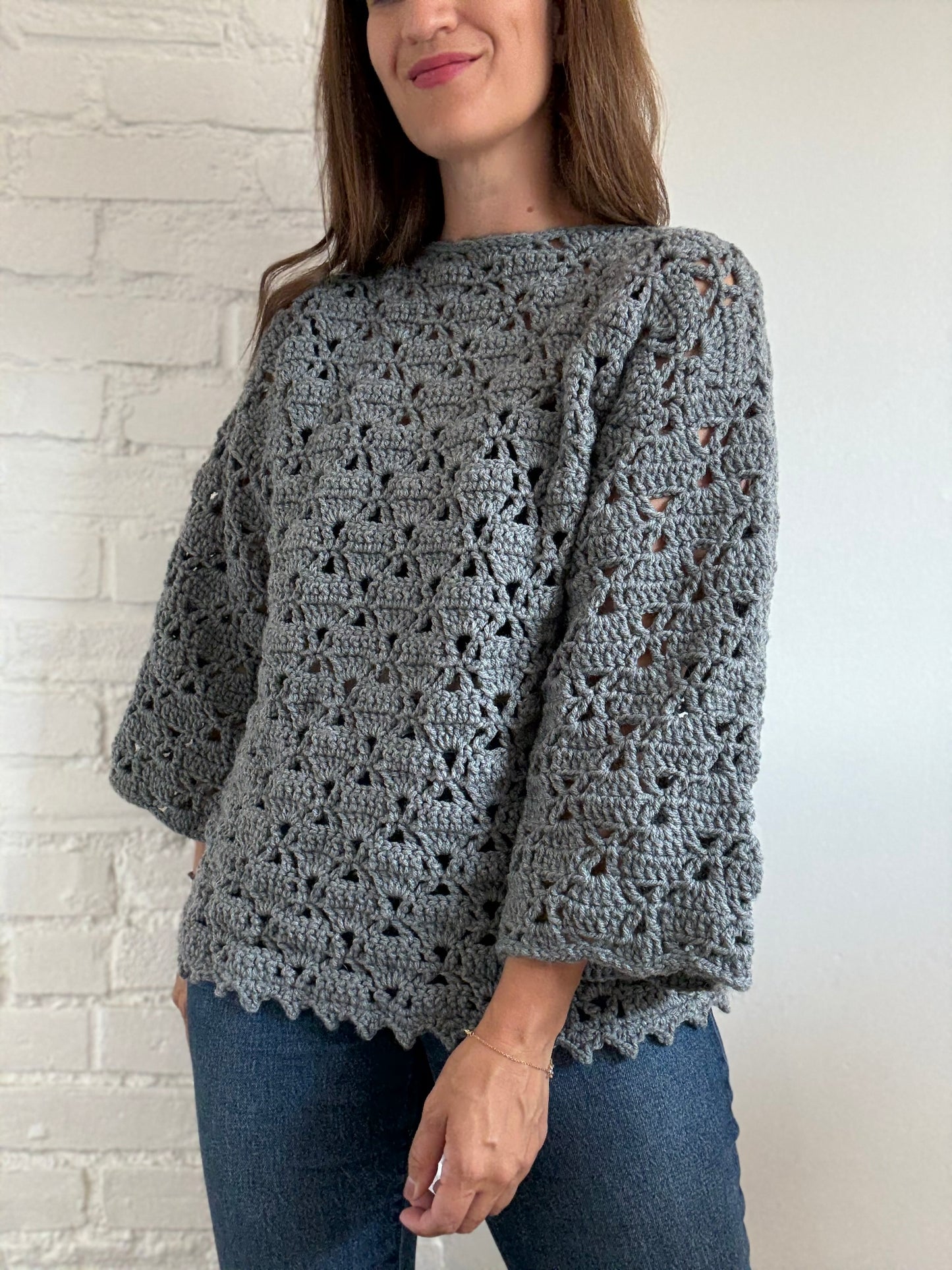Handmade Crochet Grey Sweater - Size S (oversized)