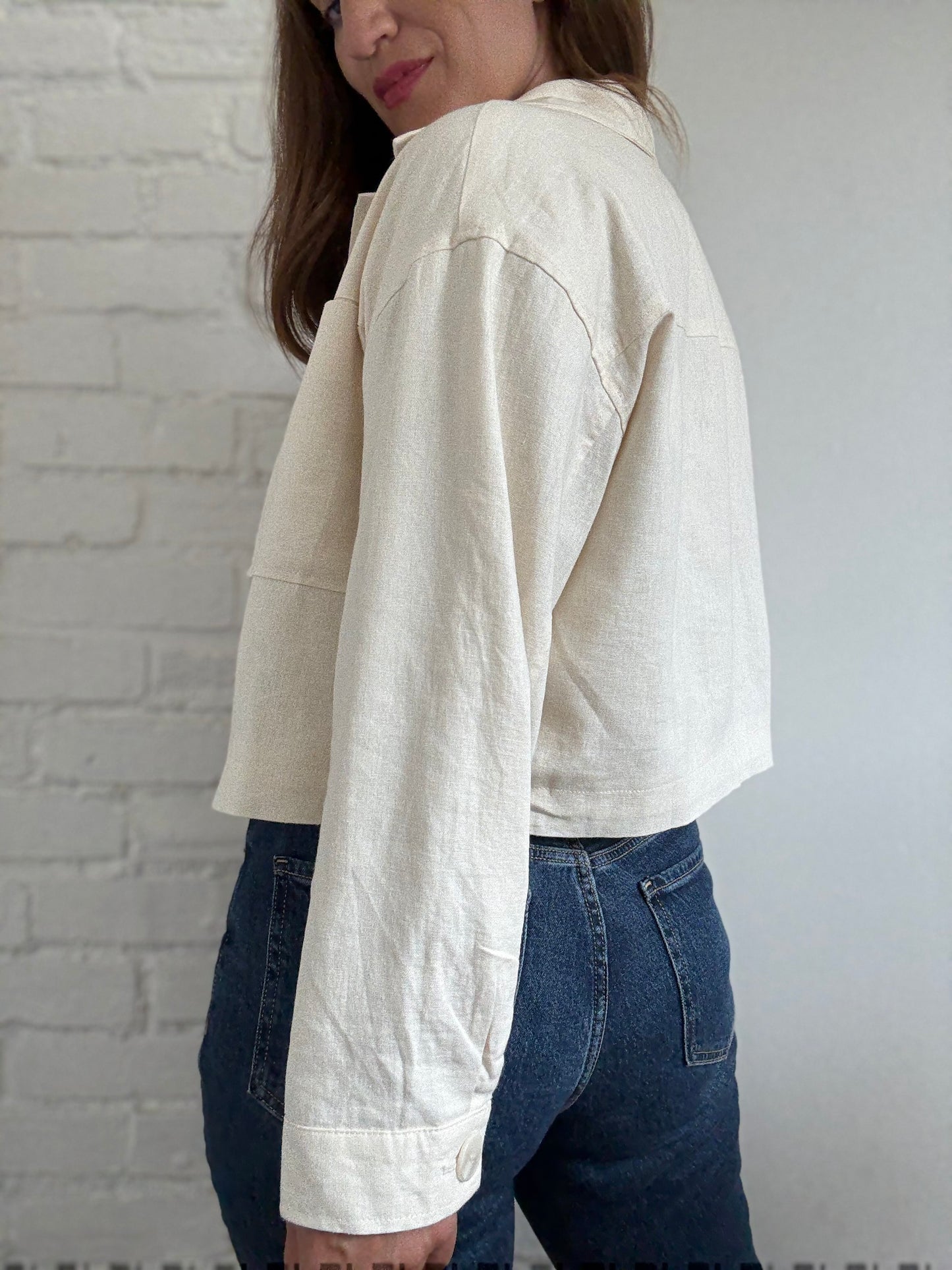 Linen Ivory Cropped Jacket - Size S (oversized)