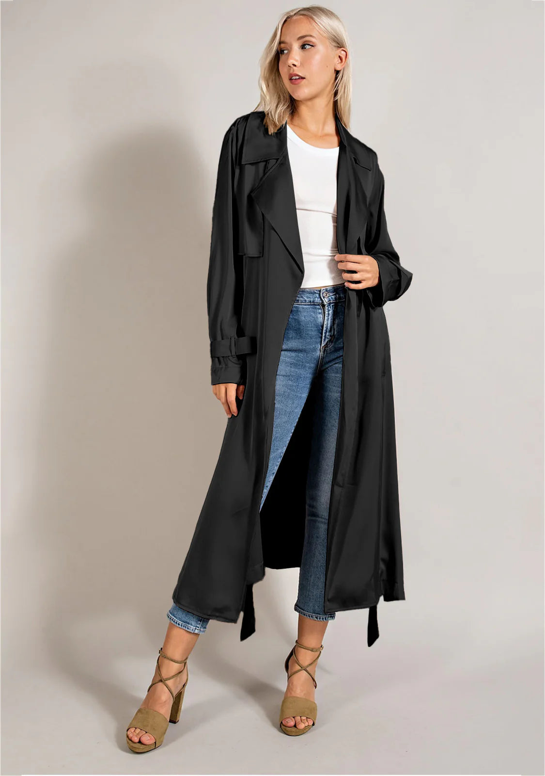 New Black Satin Trench Coat - Size 10 or L