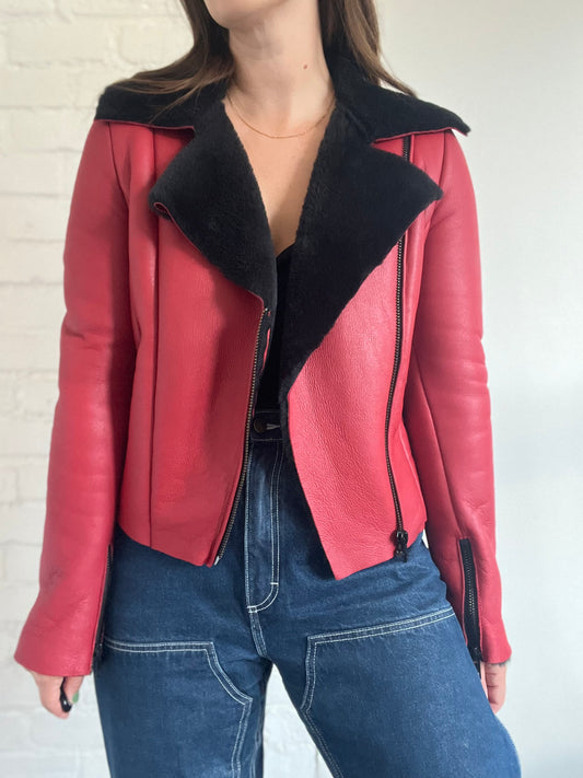 Leather Sheepskin Moto Jacket - Size M