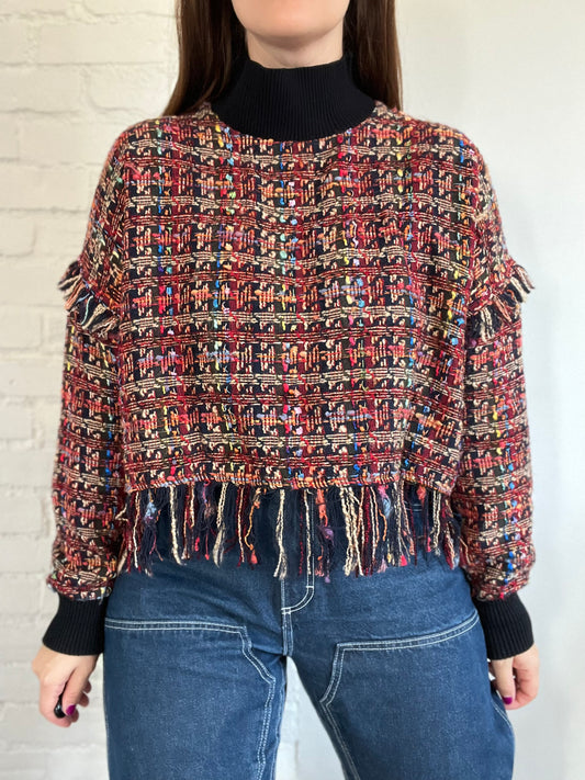 Tweed Fringe Crop Sweater - M
