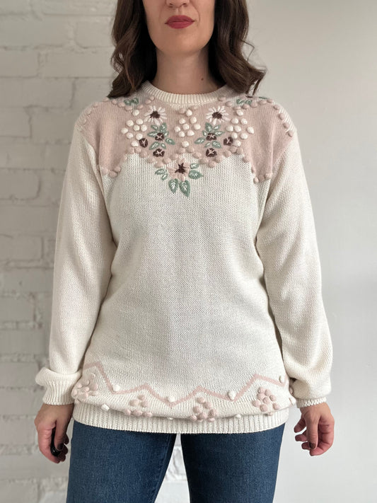 Vintage Embroidered Pom Pom Knit - L