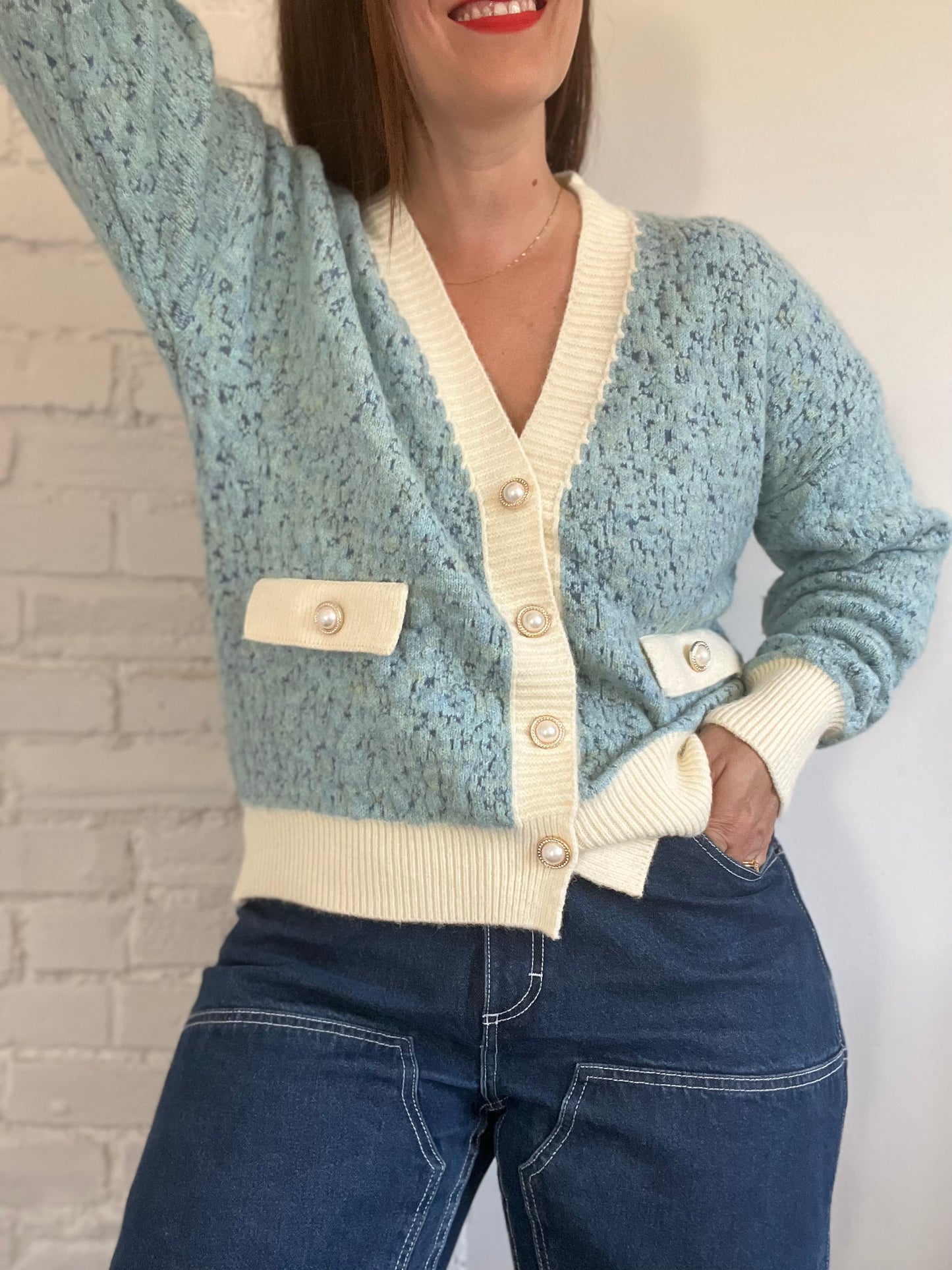 Powder Blue & Pearl Cardigan - L