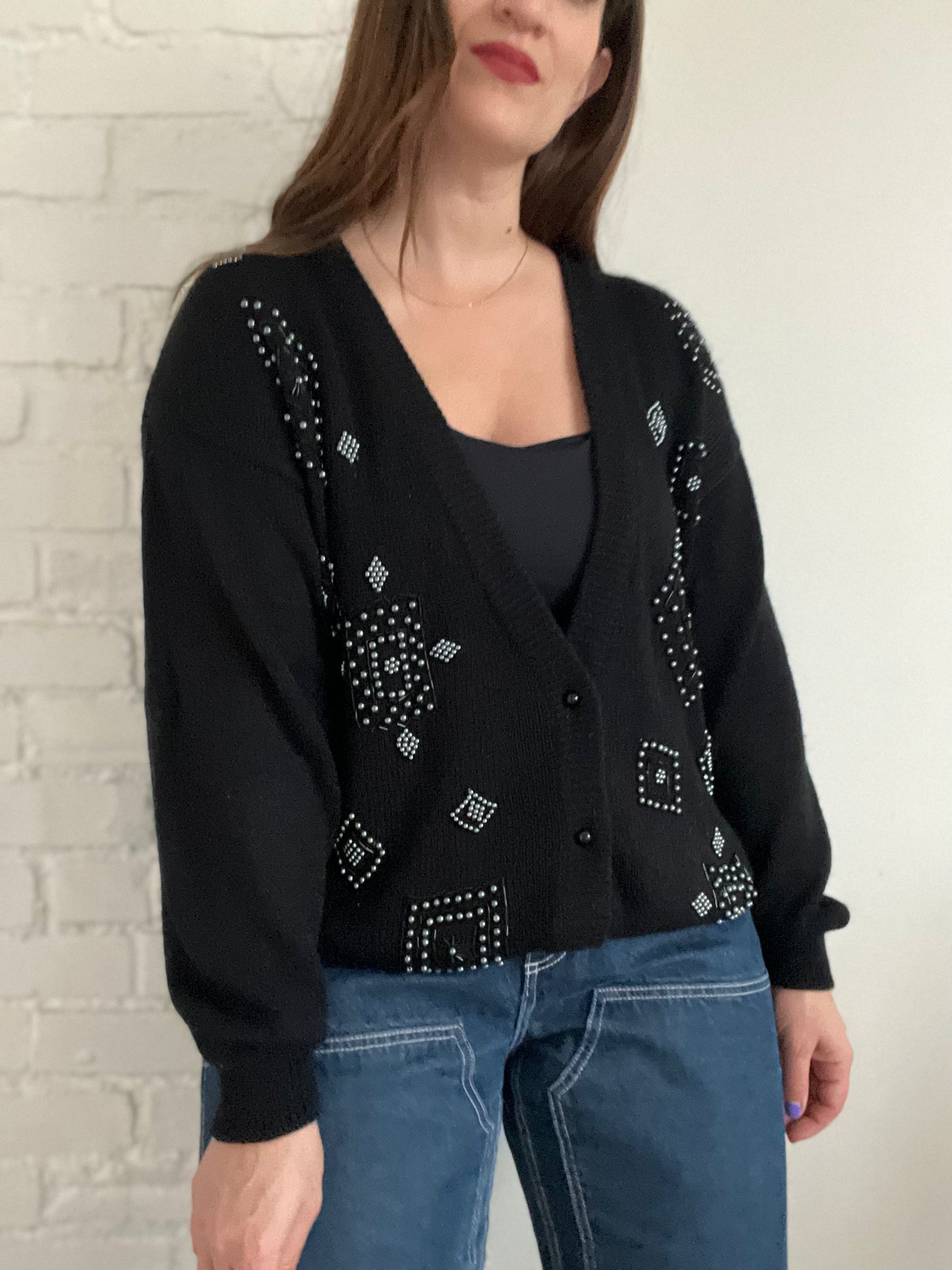 Pearl Beaded Slouchy Cardigan - L