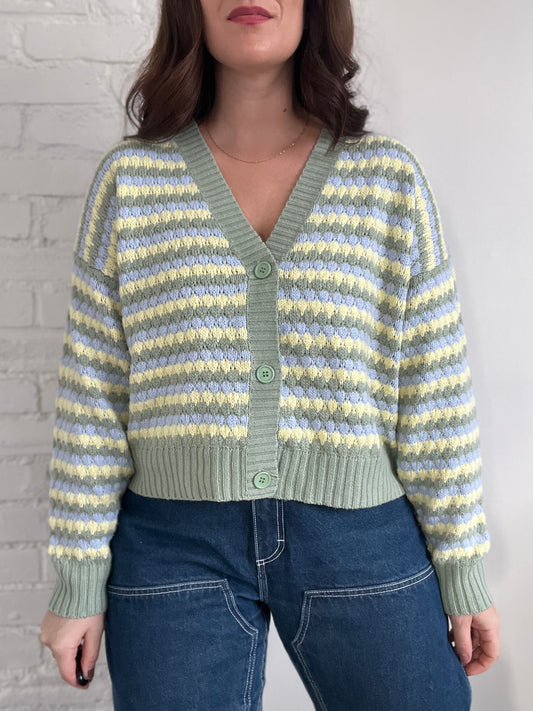 Stripe Pastel Bubble Knit Cardigan - Size L