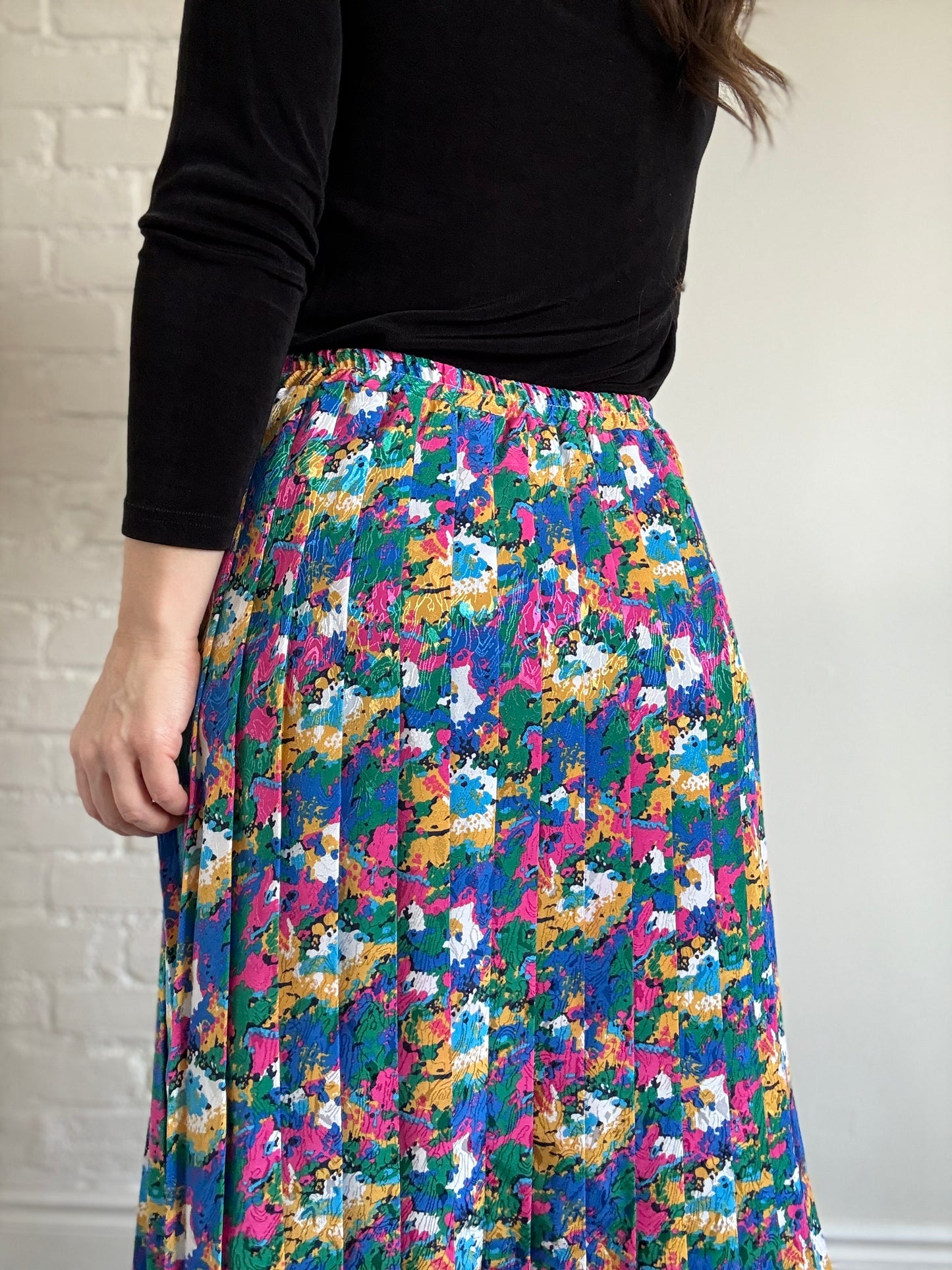 80s High Waist Pleated Floral Skirt - Sz. XL
