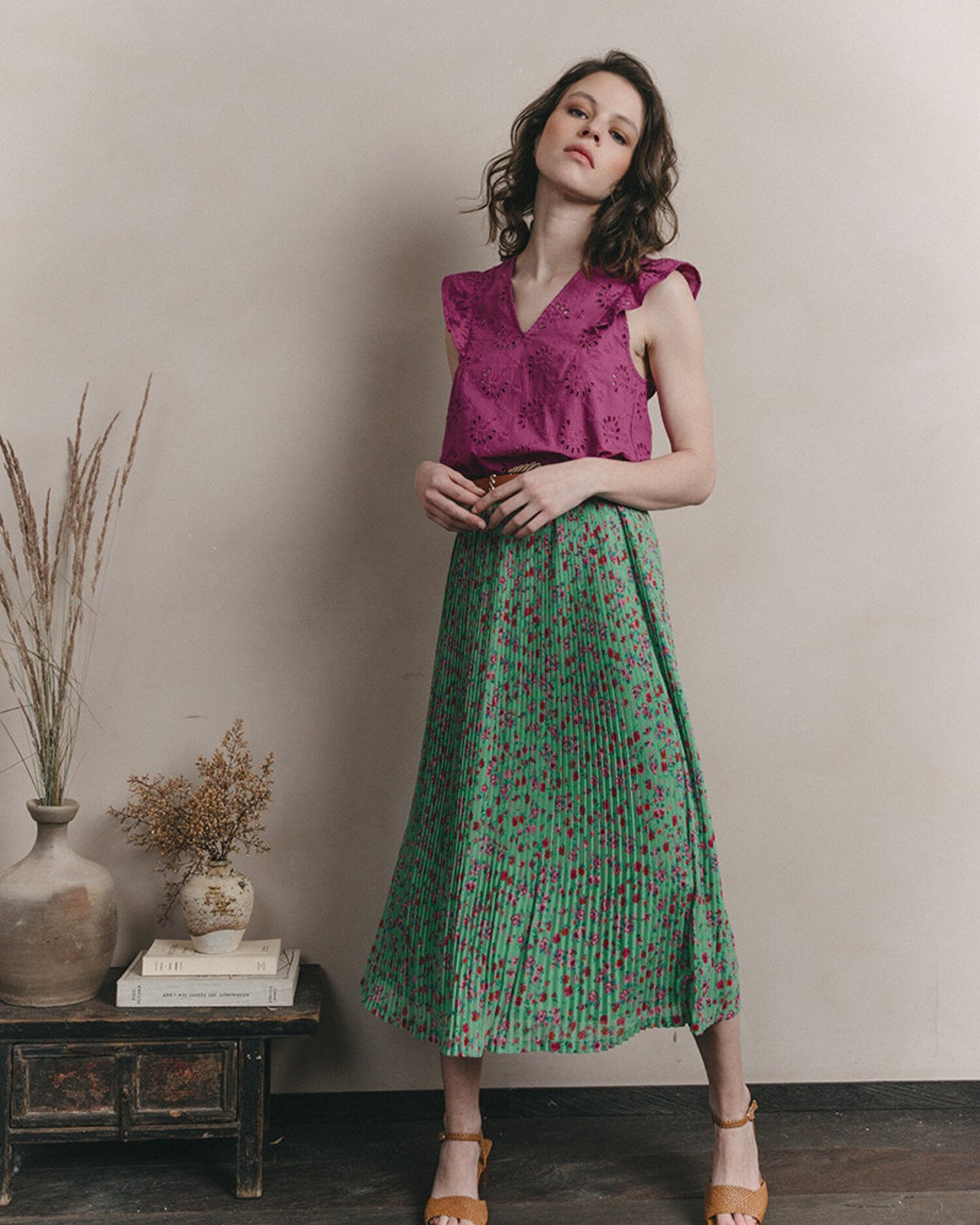 Country Floral Pleated Skirt - Sz. M