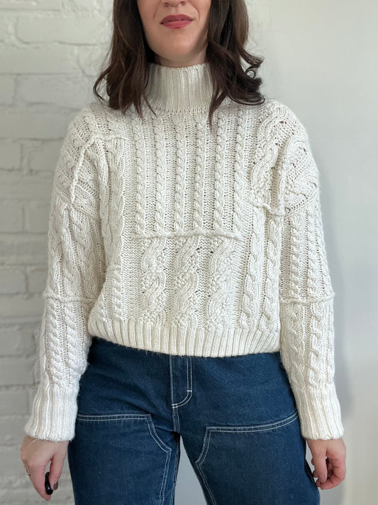 White Mock Neck Chunky Sweater - Size S (Oversized)