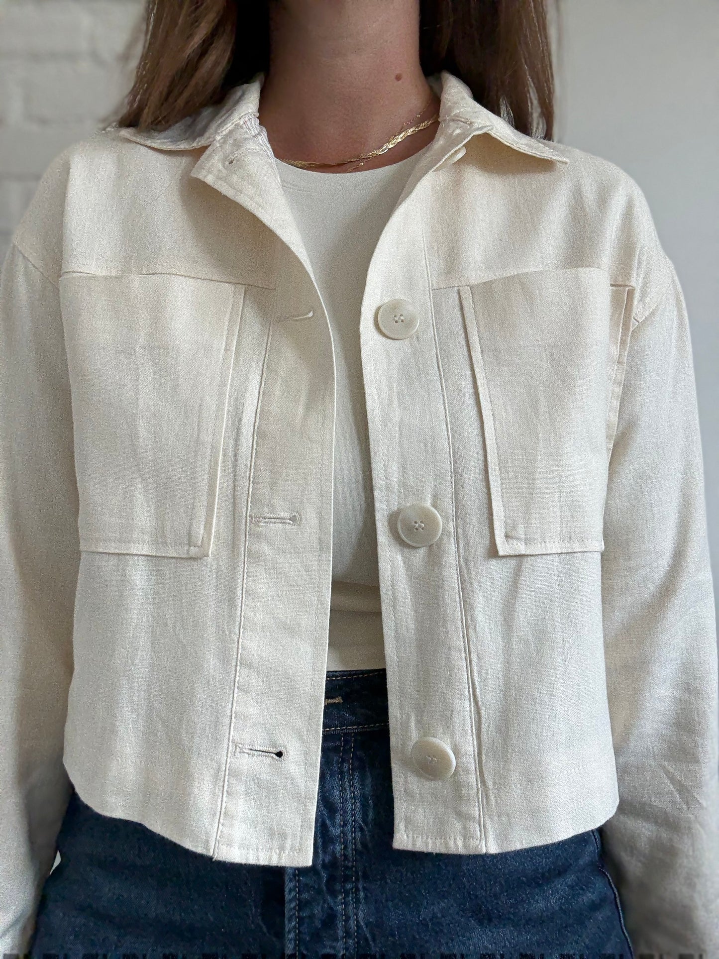 Linen Ivory Cropped Jacket - Size S (oversized)