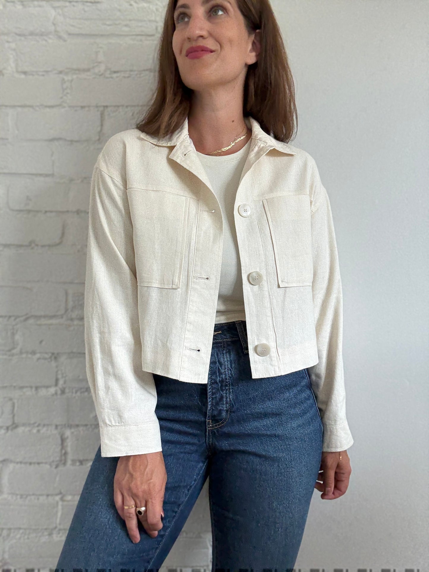 Linen Ivory Cropped Jacket - Size S (oversized)