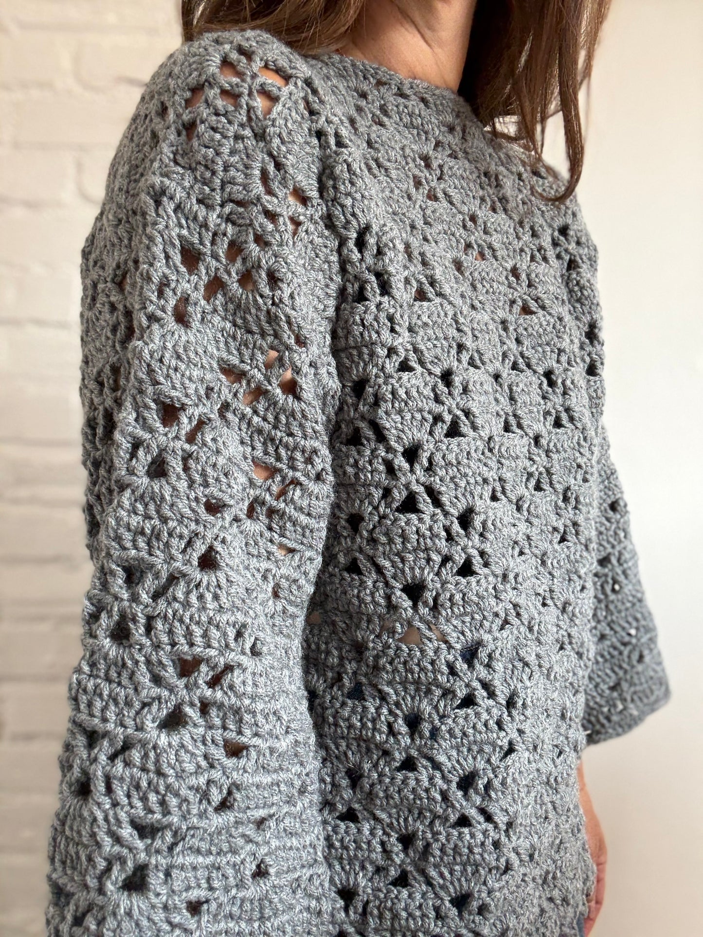 Handmade Crochet Grey Sweater - Size S (oversized)