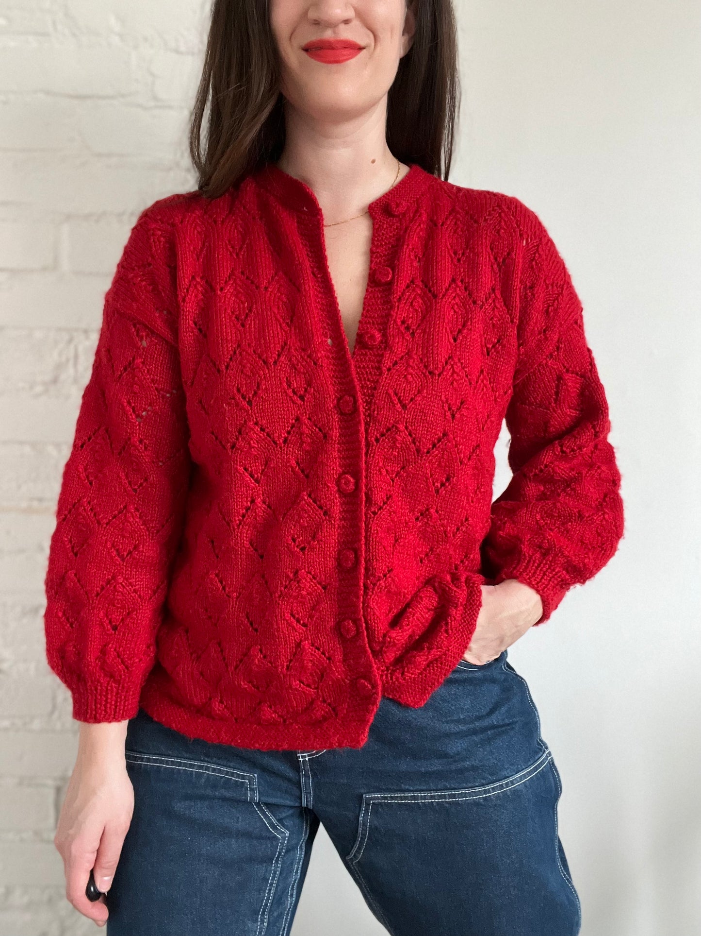 Bright Red Handmade Cardigan - M/L