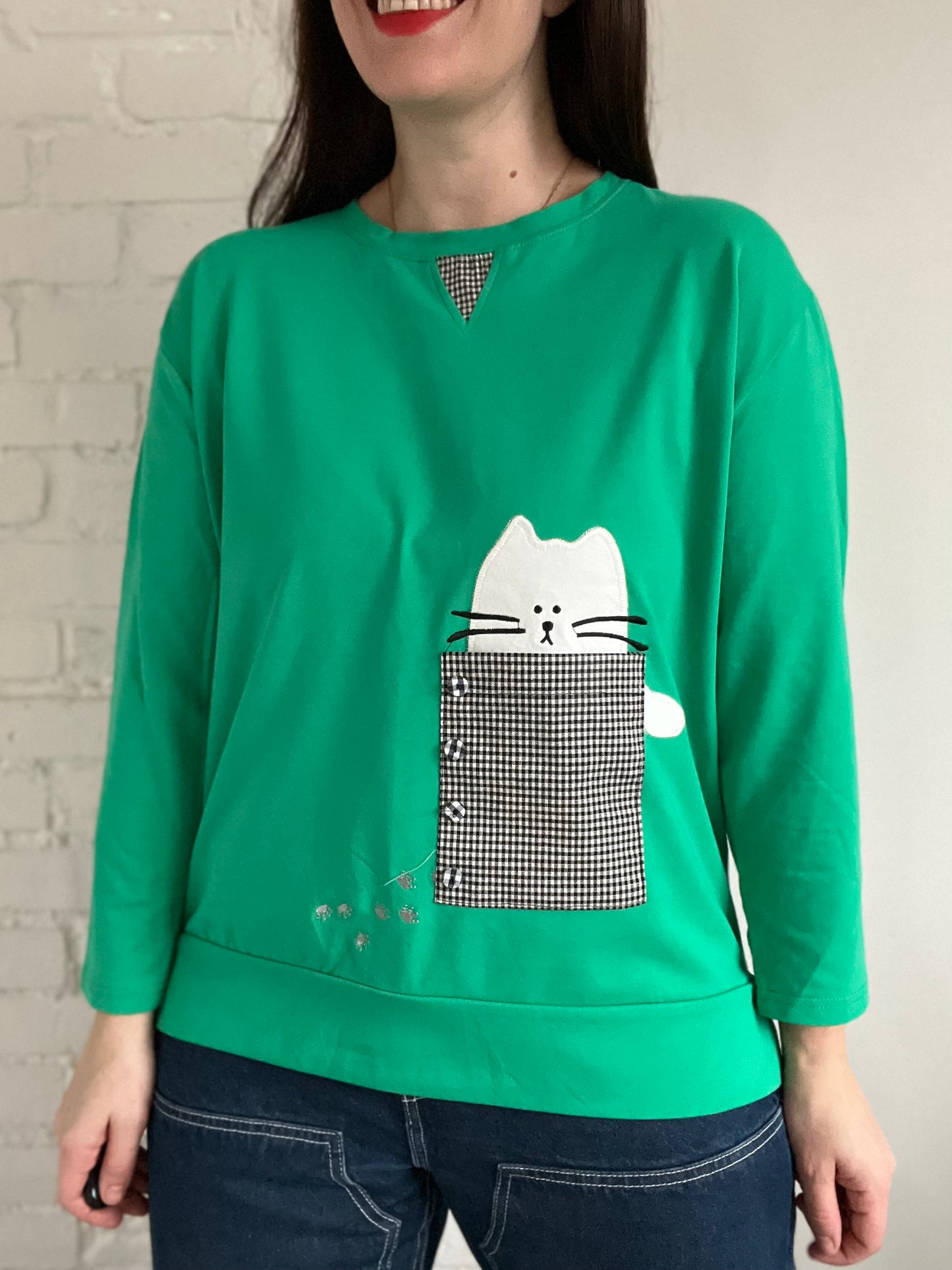 Gingham Cat Emerald Shirt - Size M/L
