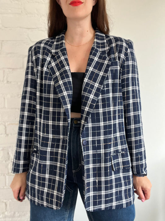 Vintage Navy Plaid Blazer - XL or 16