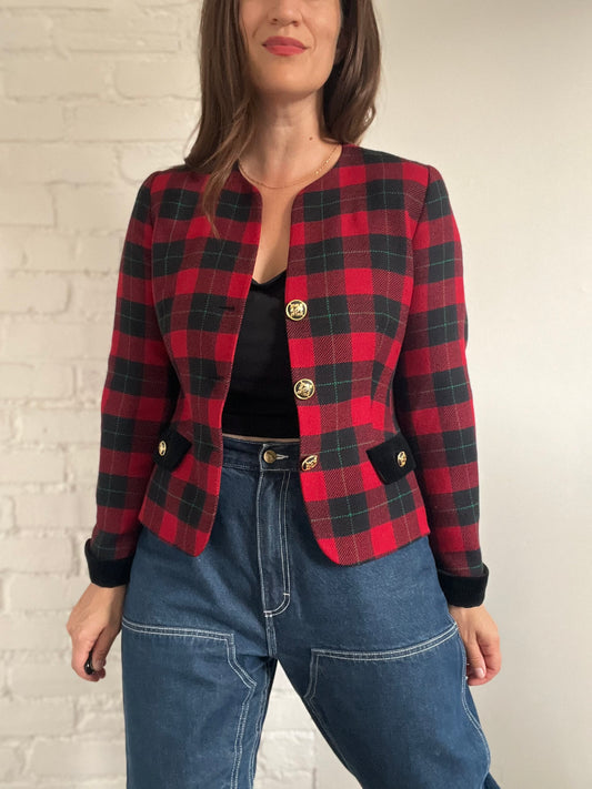 Red & Black Plaid Blazer - M