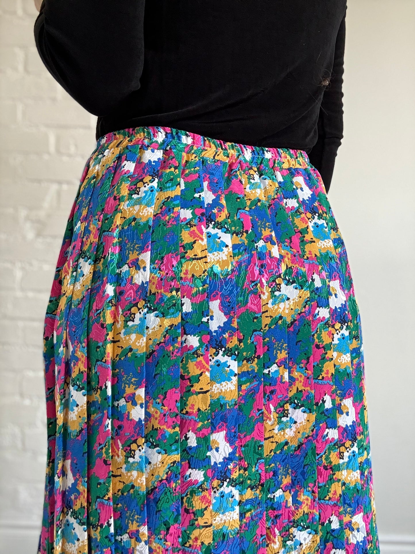 80s High Waist Pleated Floral Skirt - Sz. XL