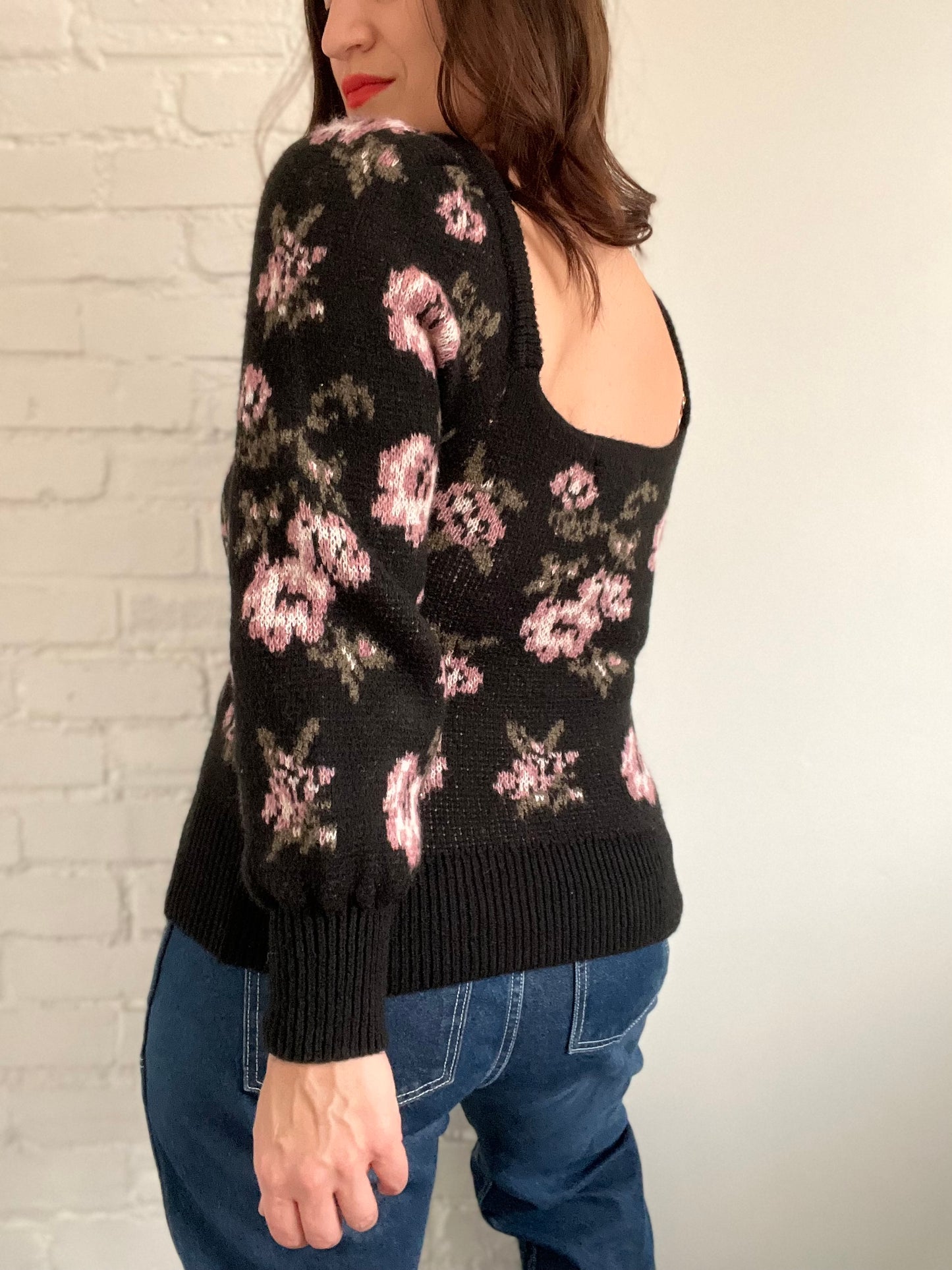 Square Neck Floral Sweater - Size S
