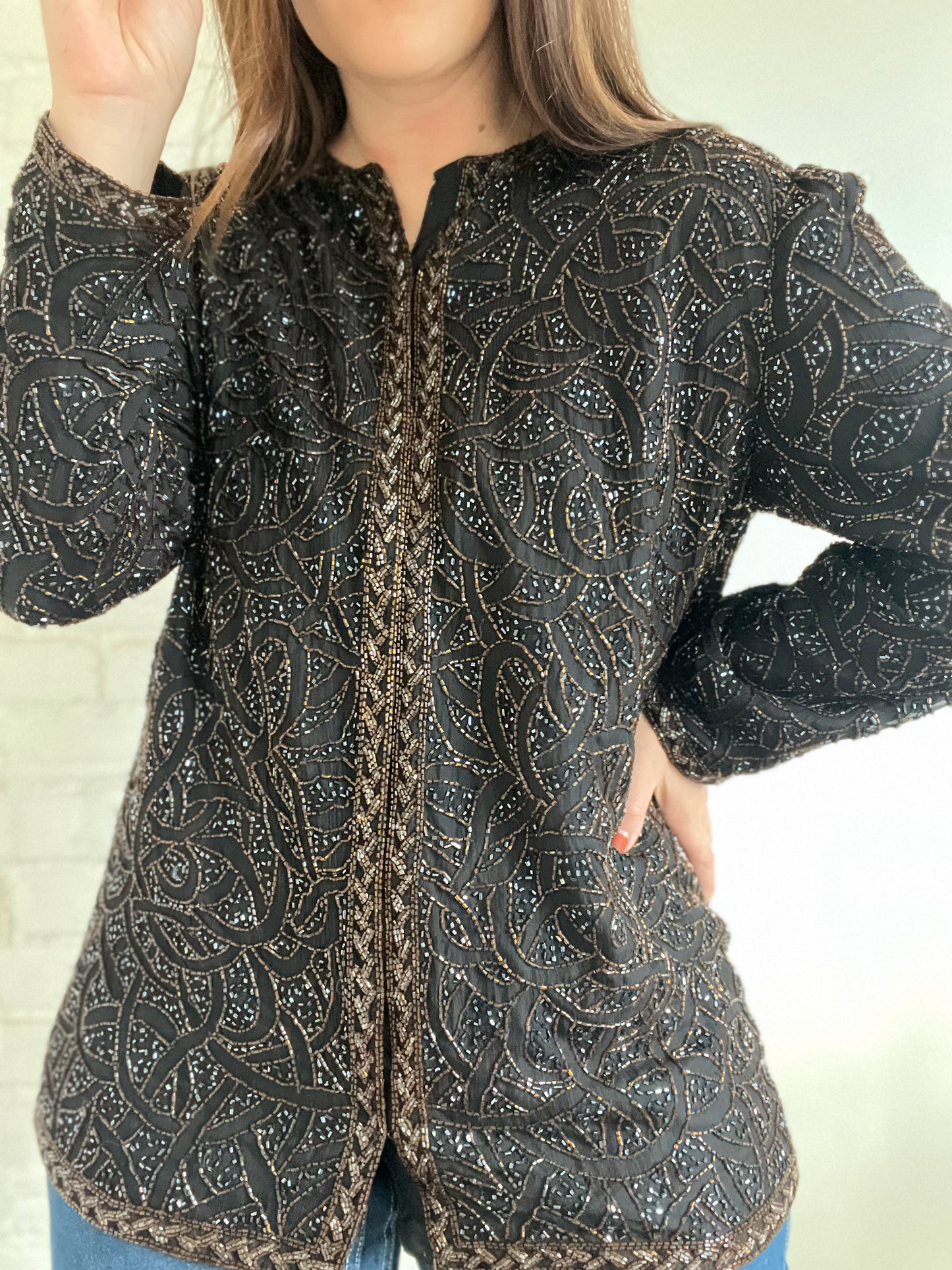Gold and Black Silk Beaded Cardigan - L