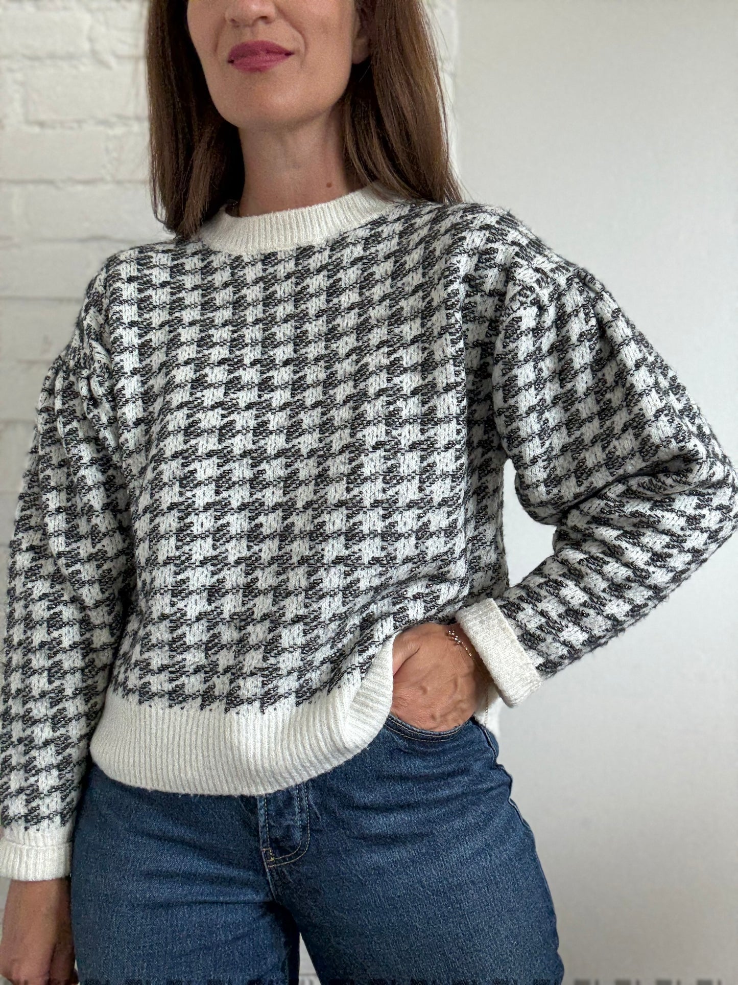 Mango Houndstooth Wool Blend Sweater - Size S
