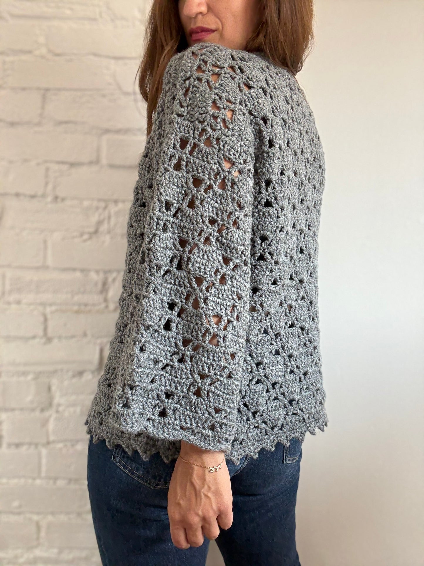 Handmade Crochet Grey Sweater - Size S (oversized)