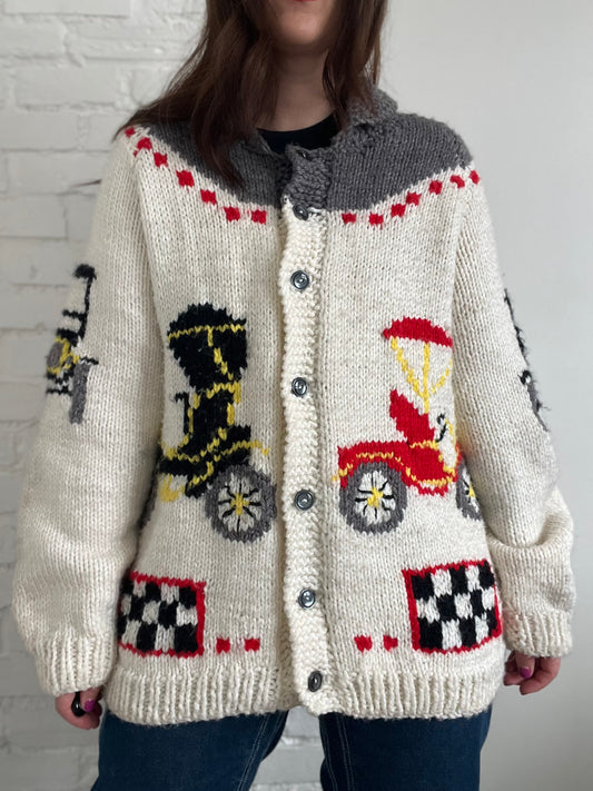 Vintage Cowichan Wool Knit Race Car Sweater - Size L/XL