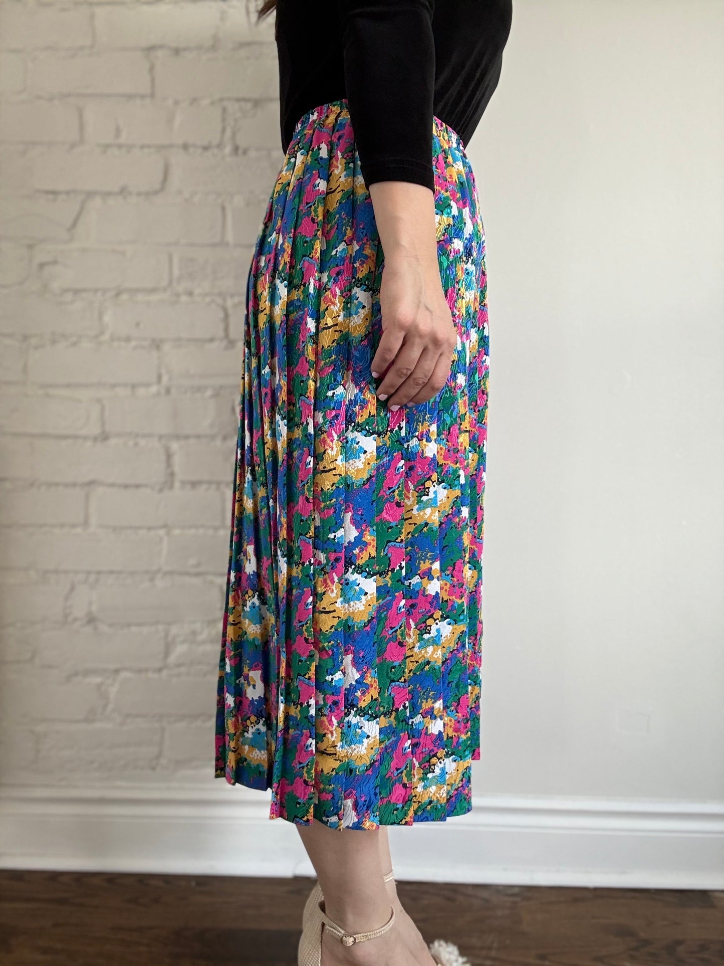 80s High Waist Pleated Floral Skirt - Sz. XL