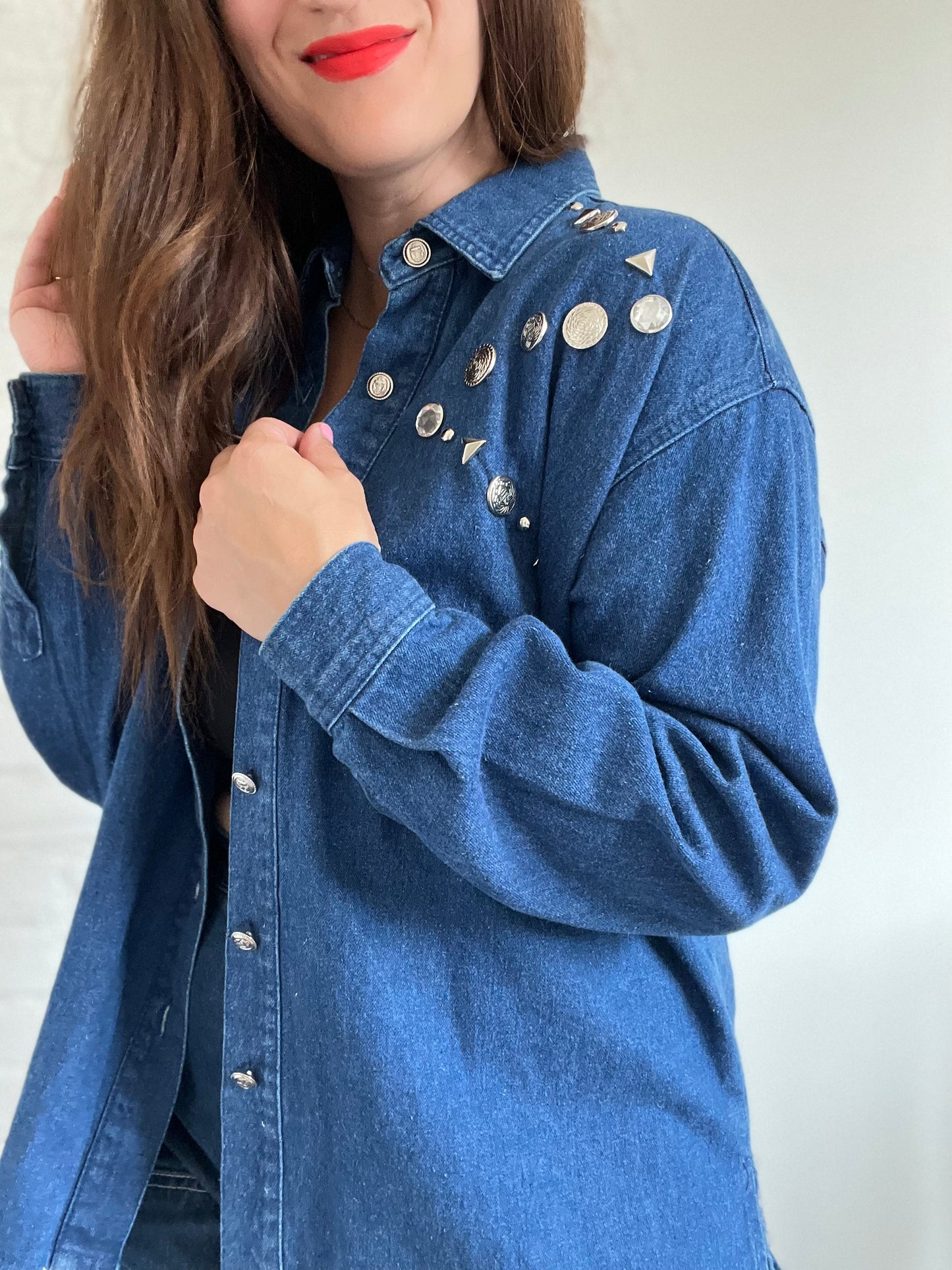 Denim Embellished Button Up - M/L