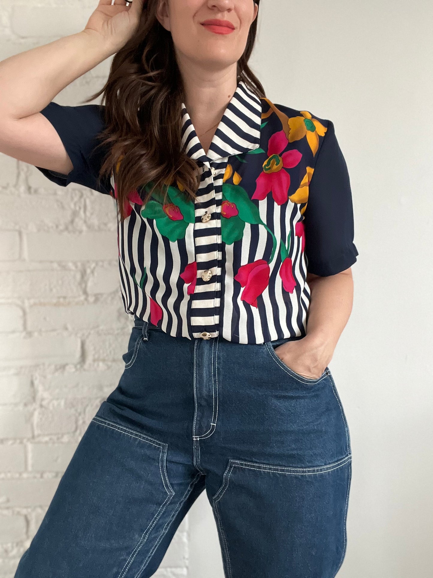 Vintage Striped Floral Top - M