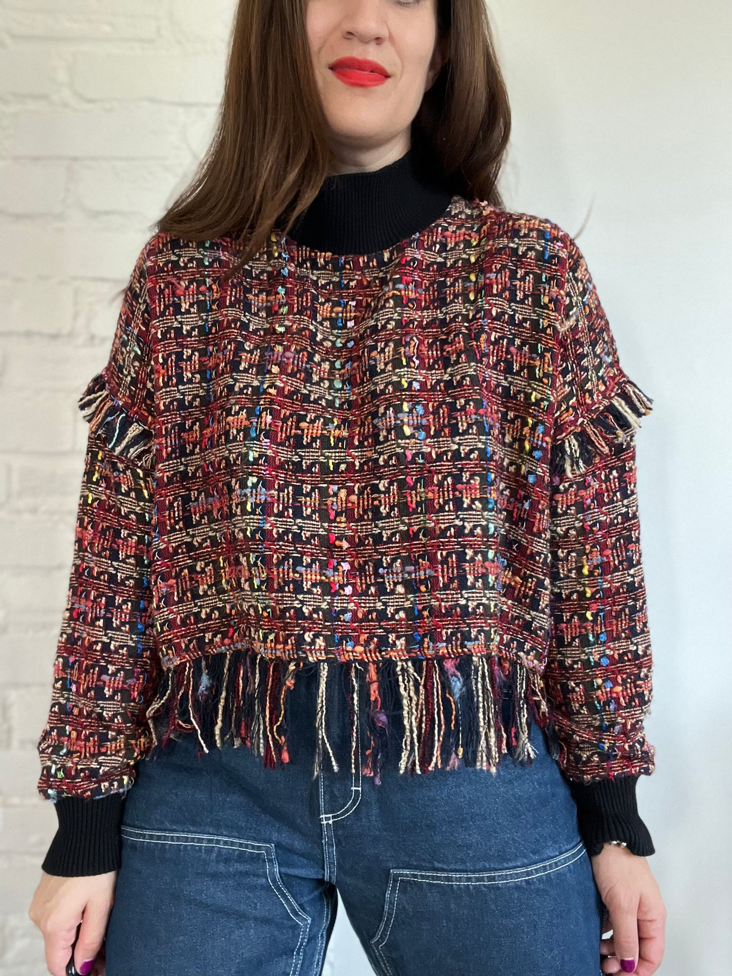 Tweed Fringe Crop Sweater - M