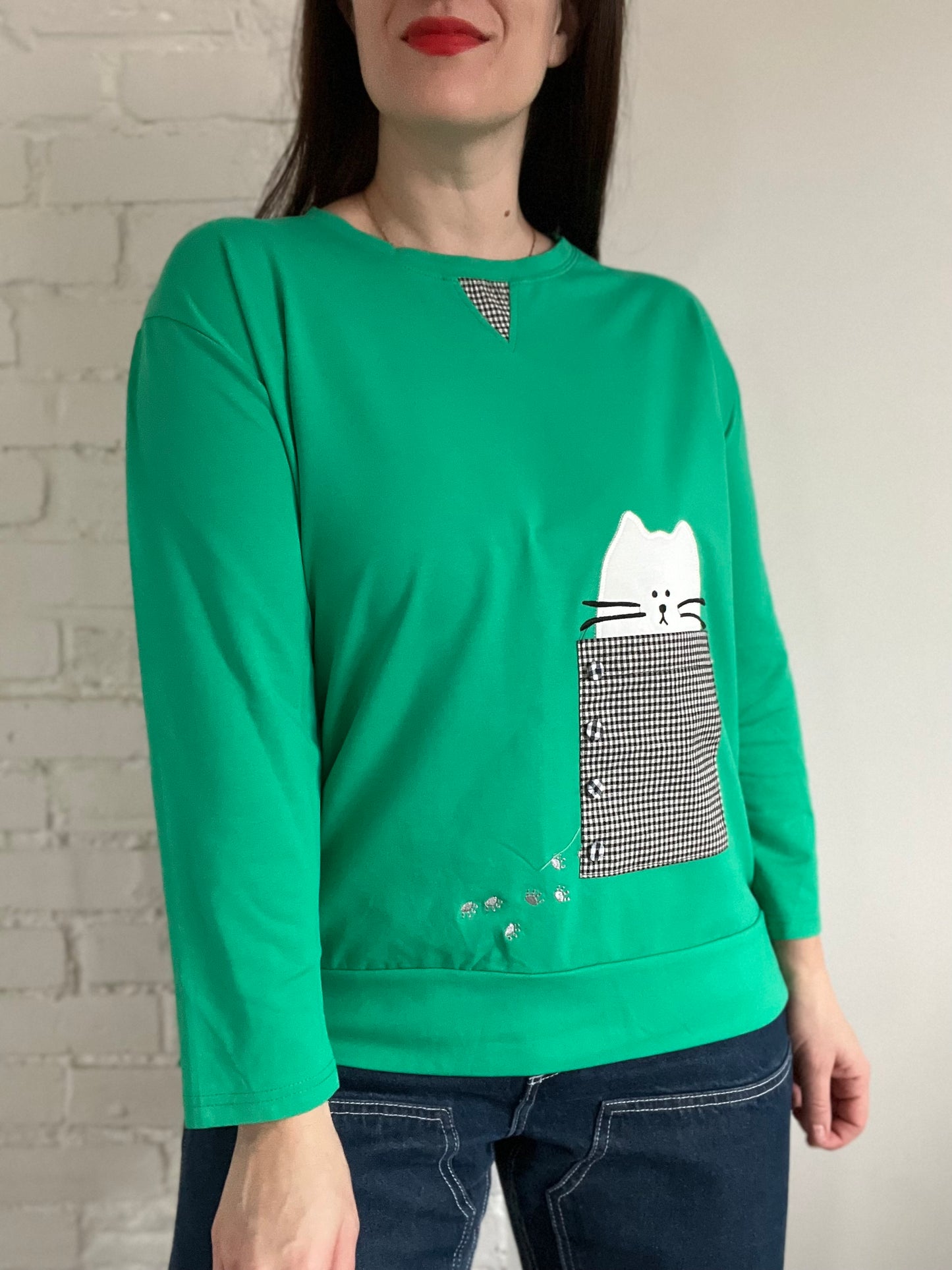 Gingham Cat Emerald Shirt - Size M/L