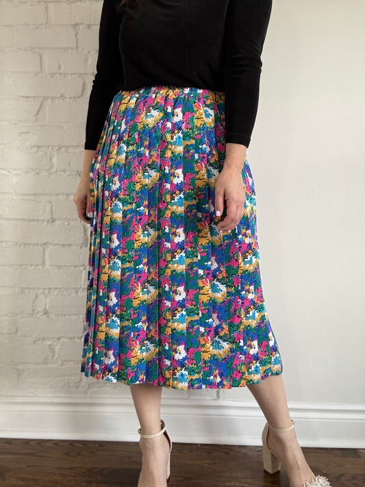 80s High Waist Pleated Floral Skirt - Sz. XL