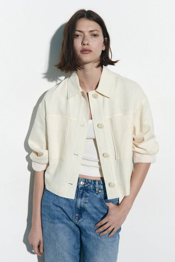 Linen Ivory Cropped Jacket - Size S (oversized)