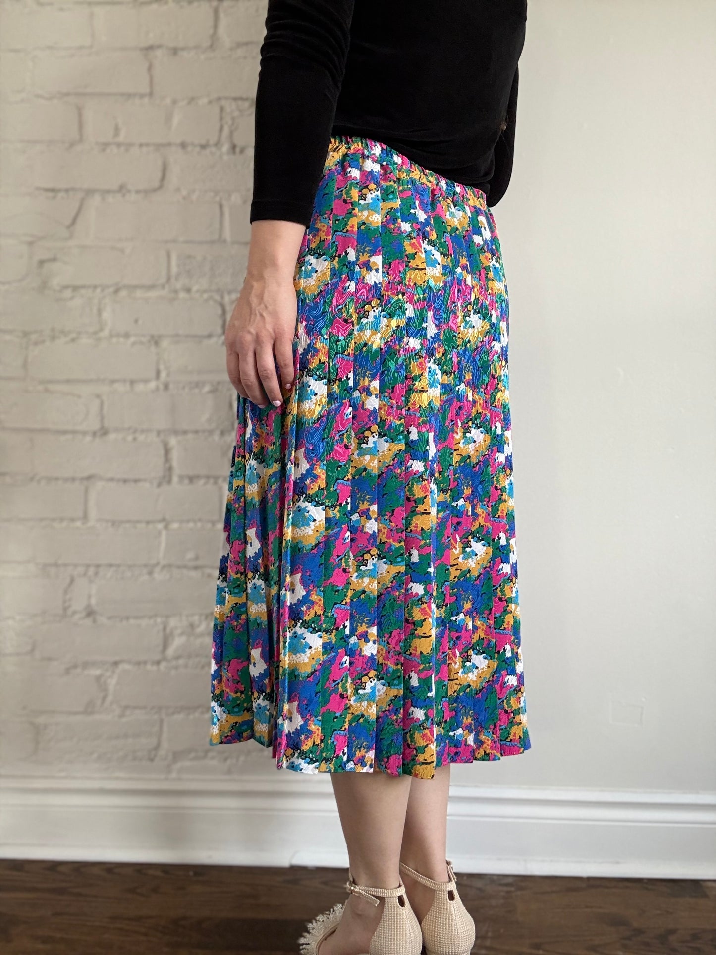 80s High Waist Pleated Floral Skirt - Sz. XL