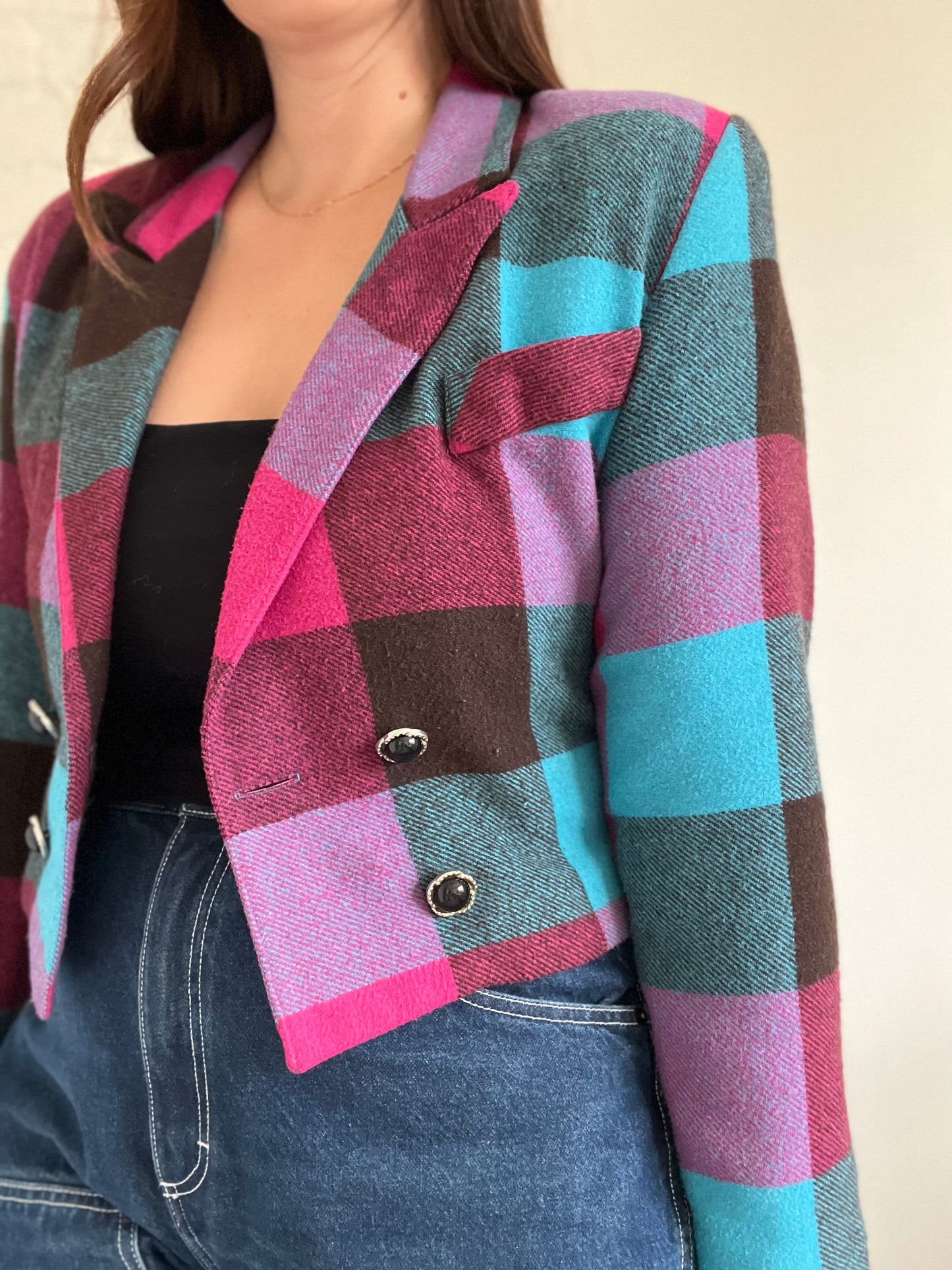 Vintage Cropped Plaid Blazer - Size M