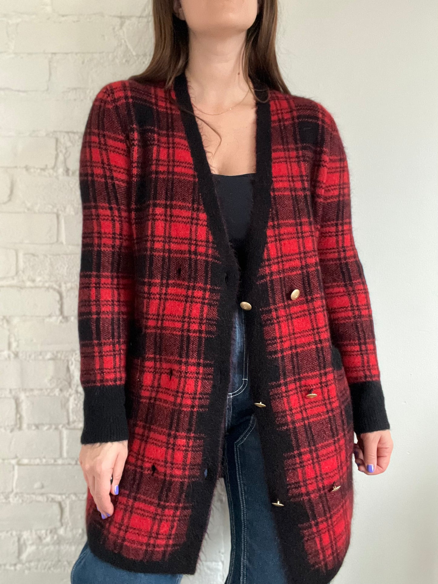Double Breasted Plaid Sweater - M