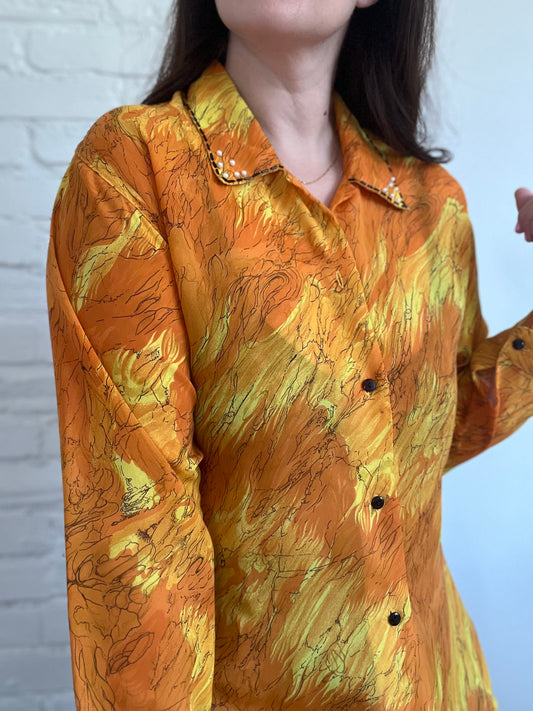 Abstract Orange Button-Up - M