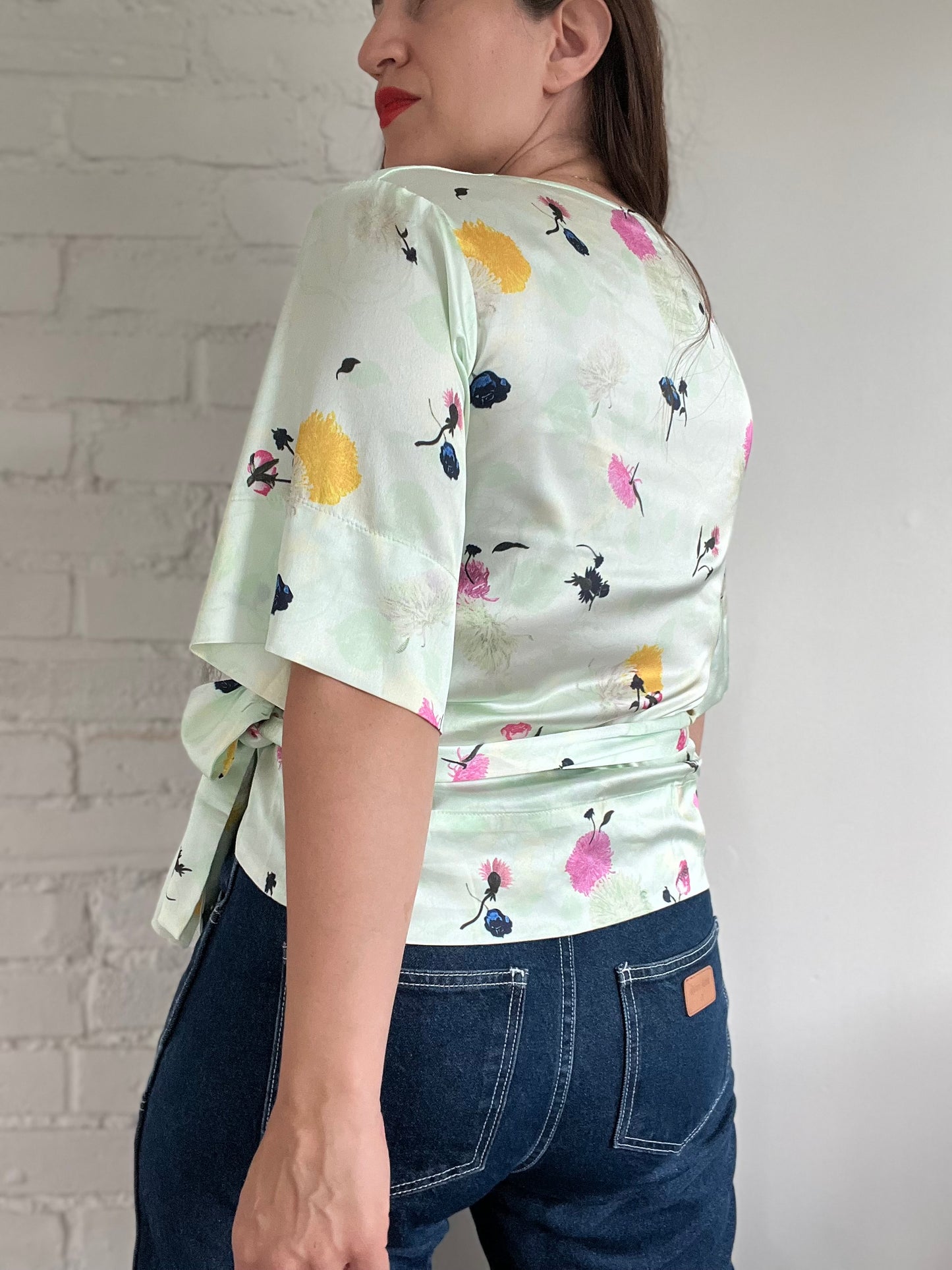 Mint Floral Wrap Top - M