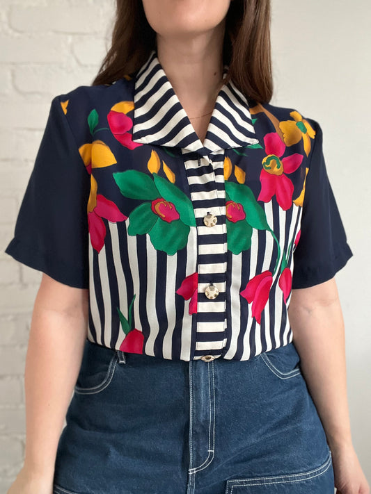 Vintage Striped Floral Top - M