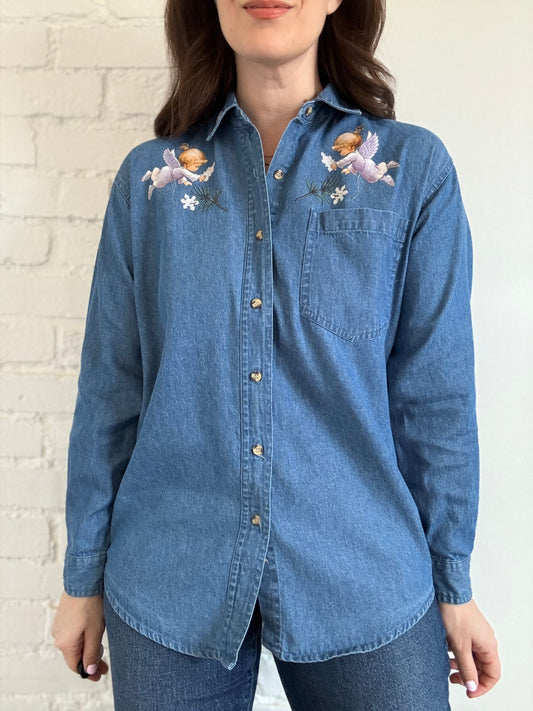 Angel Denim Button-Up Shirt - Sz. S (oversized)