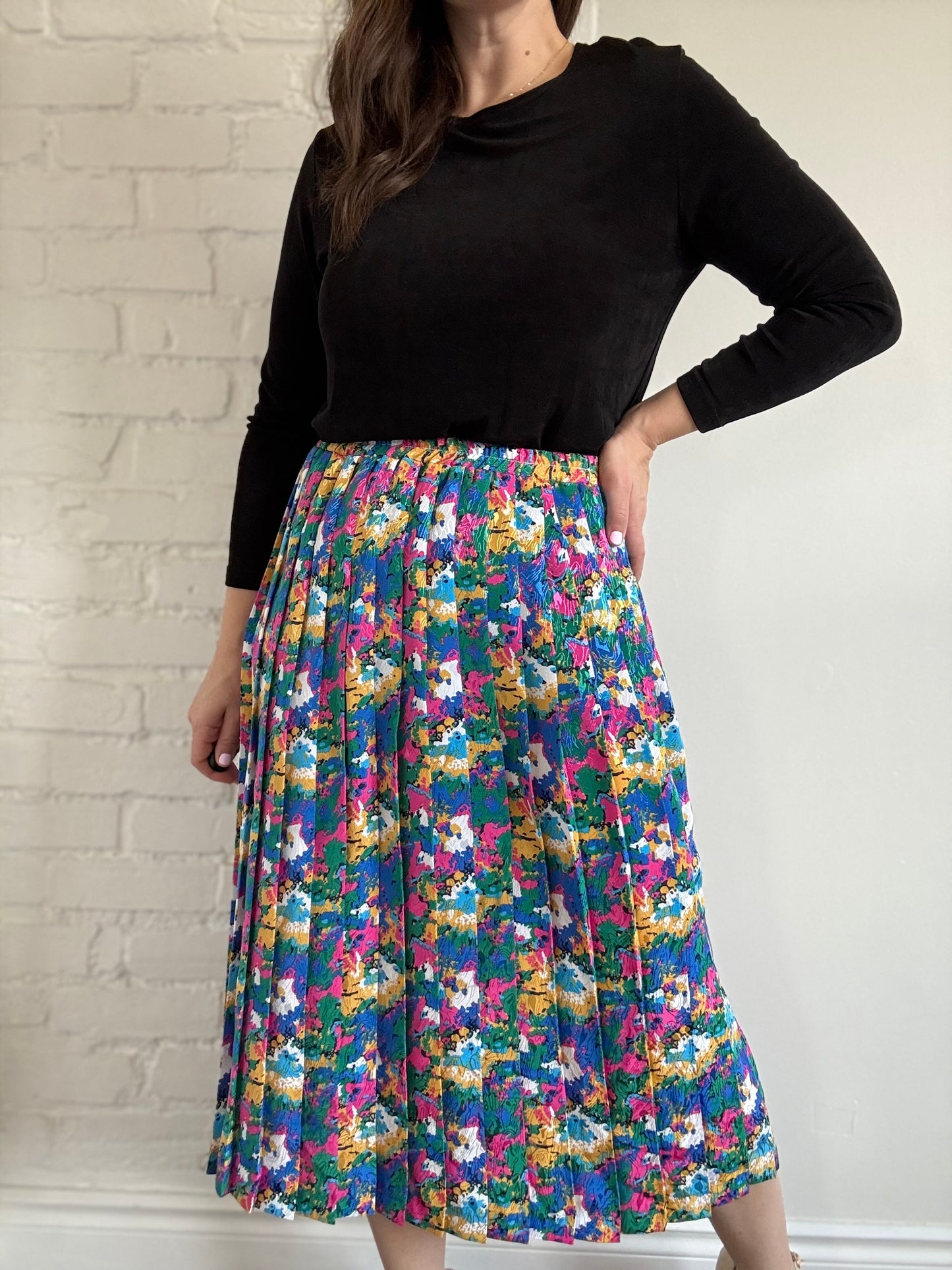 80s High Waist Pleated Floral Skirt - Sz. XL