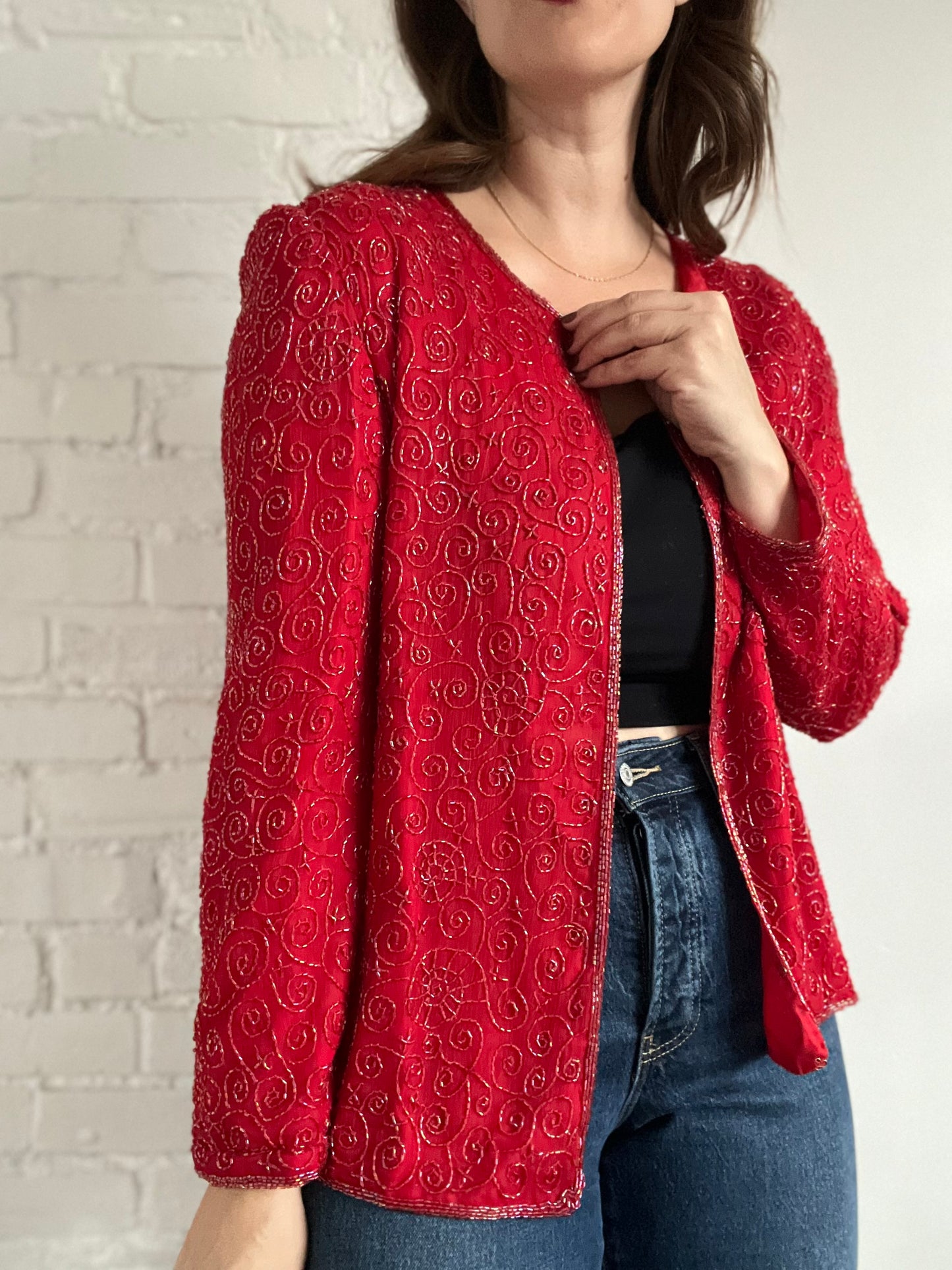 Red Sequin Cardigan - L